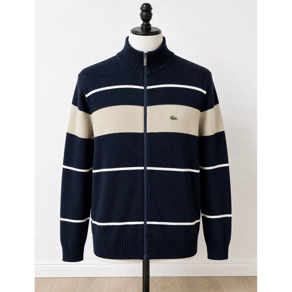 Lacoste Men's Size 5 Large Full Zip Knit Sweater Navy Creme Stripe Croc Logo